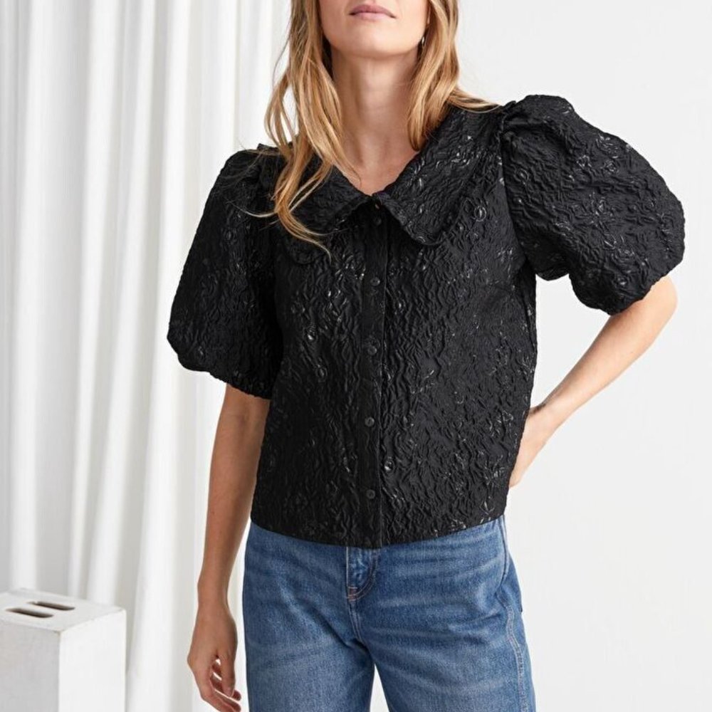 & Other Stories Black Textured Ruffle Collar Puff Sleeve Button Up Top S NWT